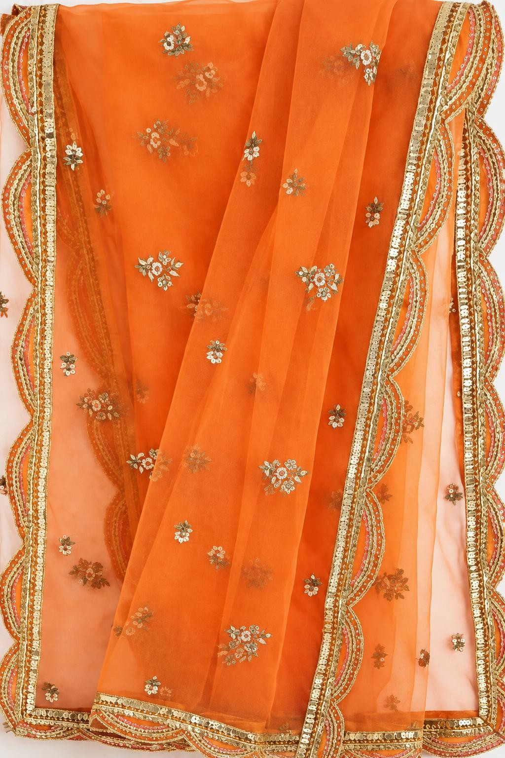 Sheer orange dupatta with floral embroidery and a scalloped gold-edged border