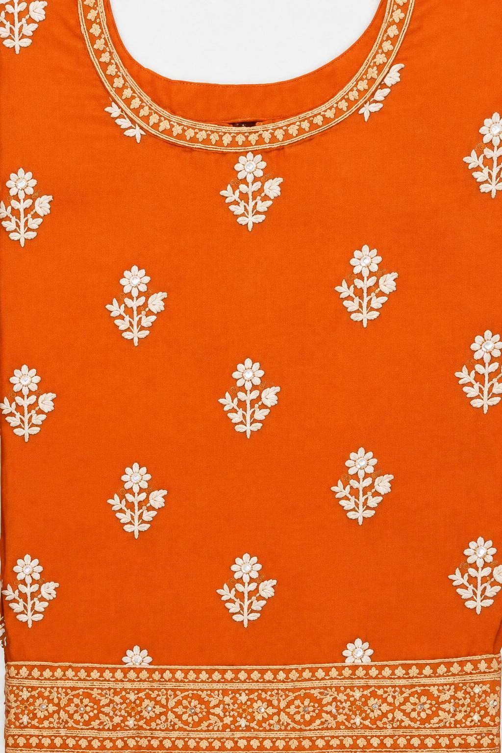 Orange kurti with white floral buti embroidery and an embroidered neckline