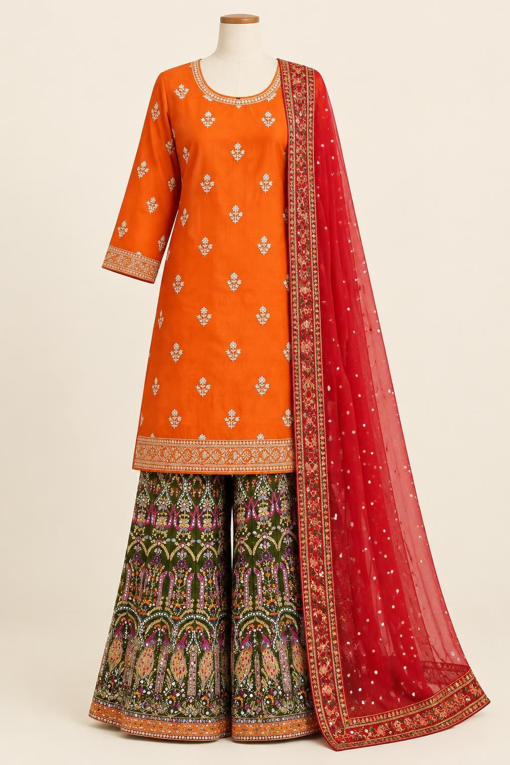 Mehndi Green Palazzo Suit with Orange Kurti, complete outfit