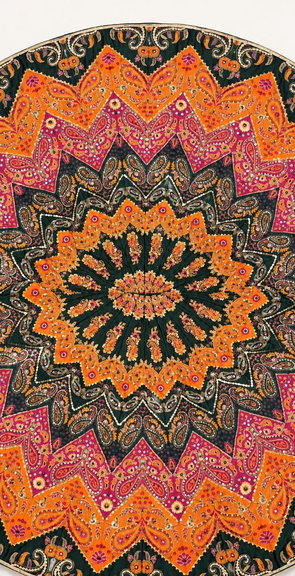 The lehnga spread out to show its radiating paisley pattern in orange, pink and green