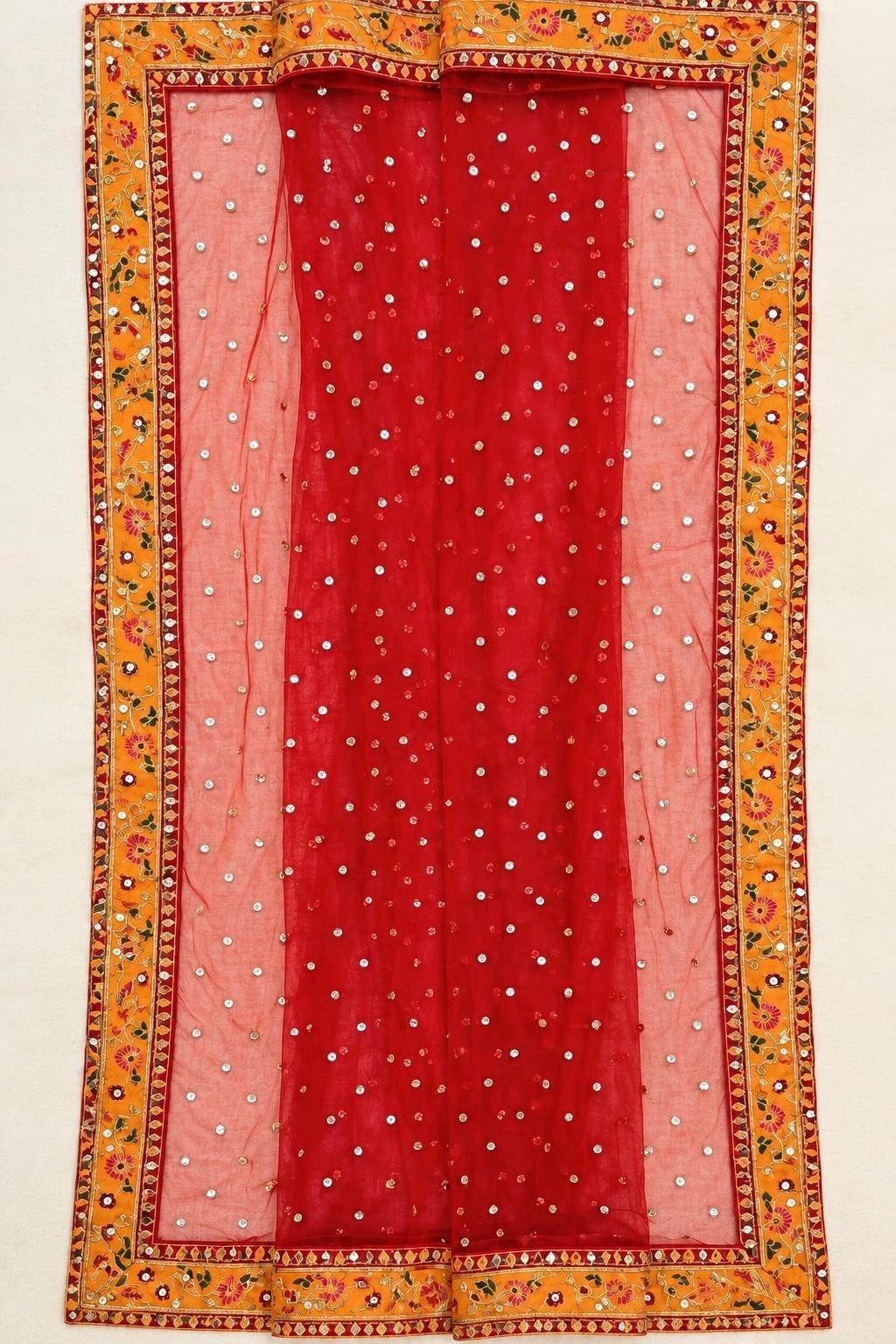 Red net dupatta with silver dot work and wide orange embroidered borders