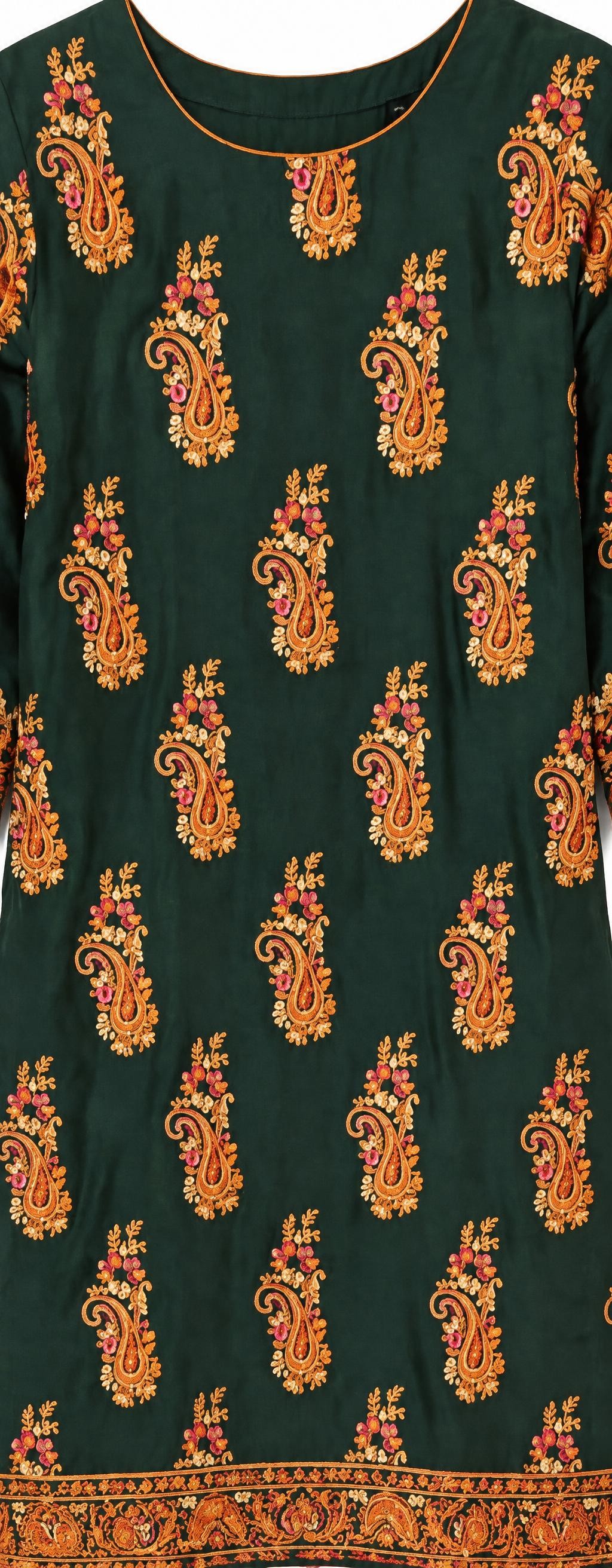 Moongia green shirt with gold and orange paisley embroidery laid flat