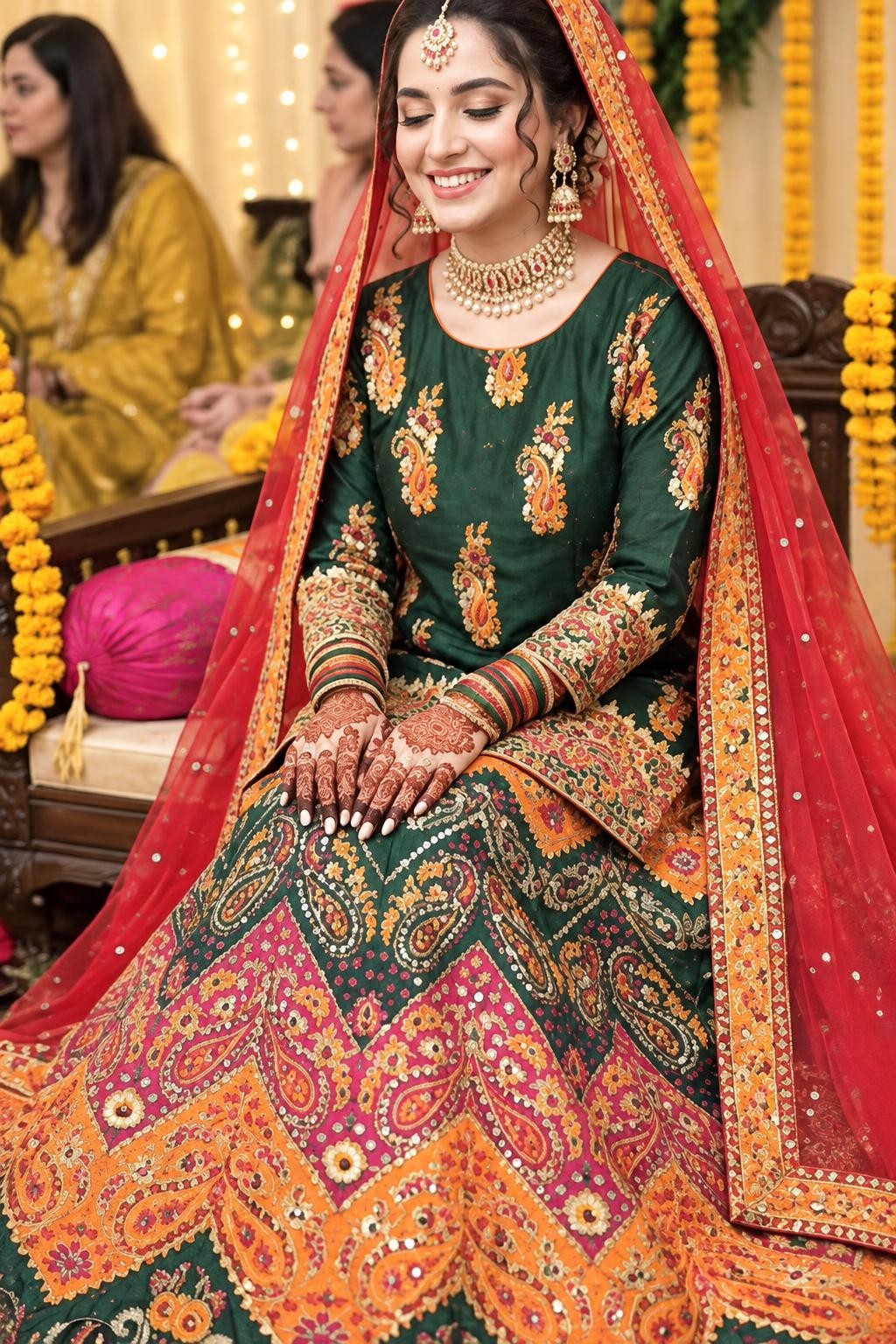 Bride seated in the moongia green paisley shirt, flared lehnga and red dupatta