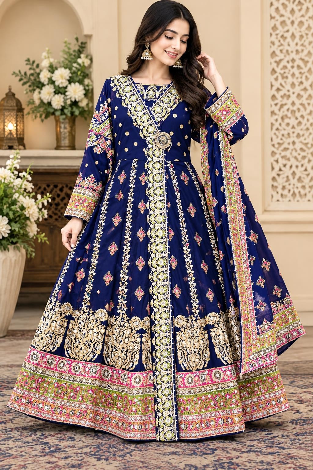 Model wearing the plum angrakha maxi with ivory and gold embroidery and a multicolour border