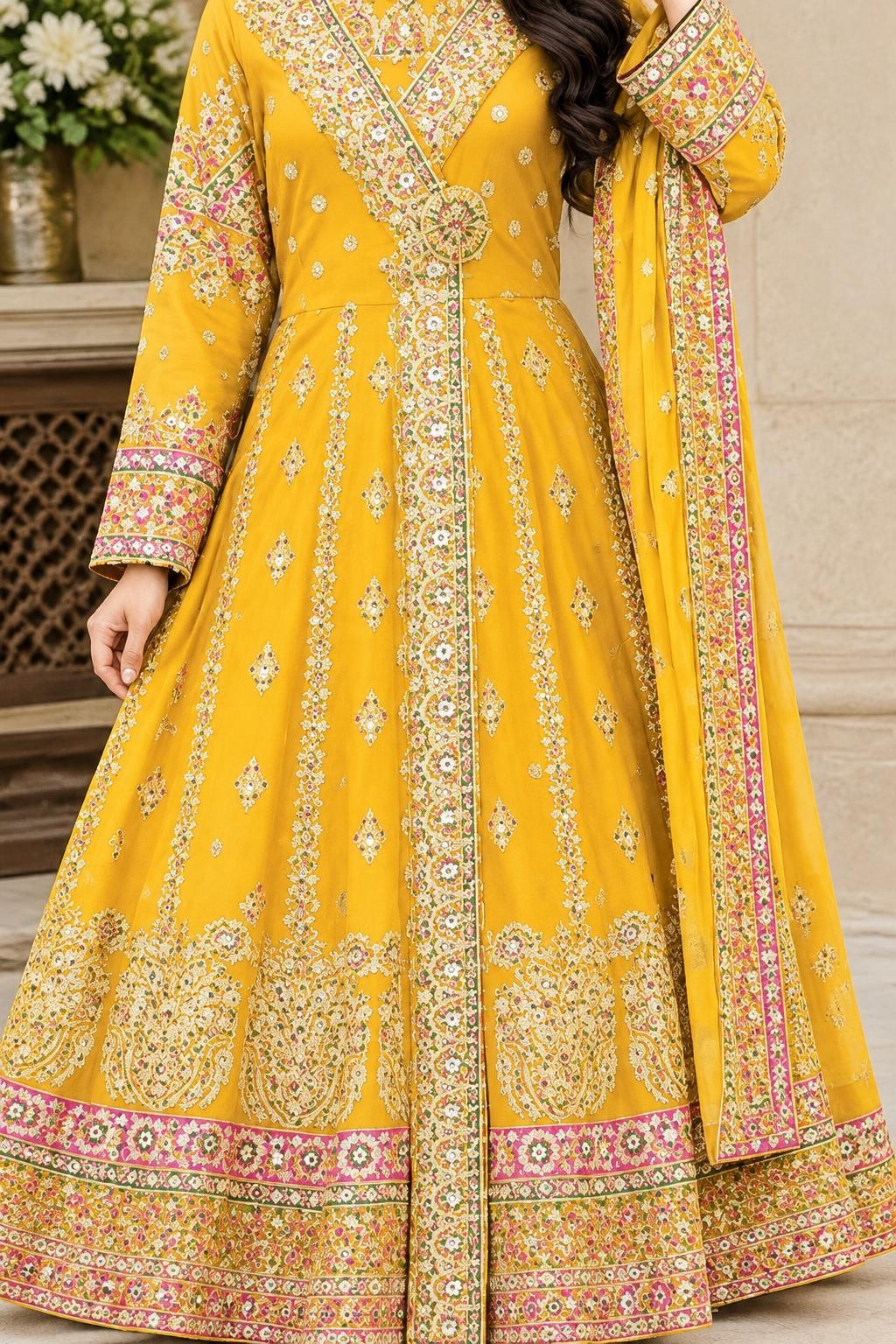 The yellow maxi's embroidered wrap band, waist medallion and flared skirt
